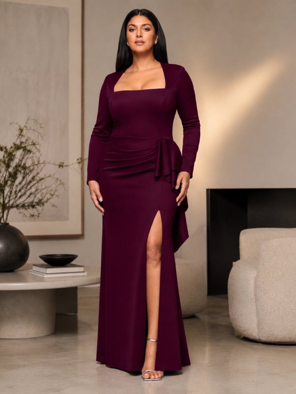 Xscape Wine Square Neck Scuba Ruffle Maxi Dress Plus Size Gown NWT